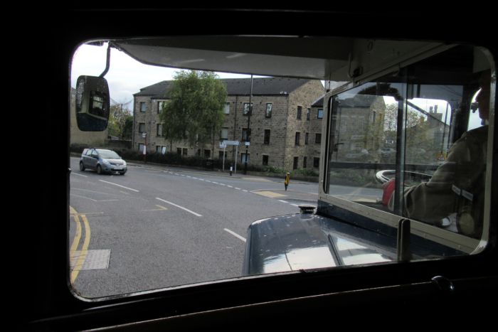 View of cab and bonnet driving RLH 32 through Pudsey